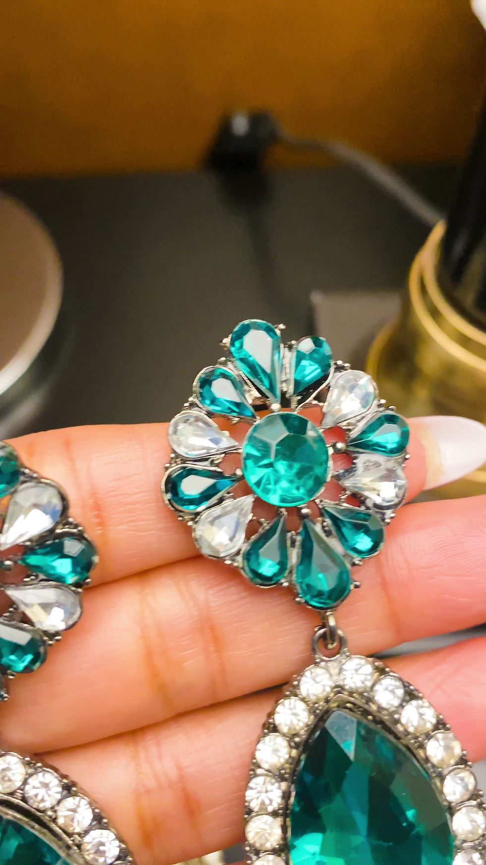Thumbnail: 2010s Emerald and White Crystal Chandelier Statement Earrings