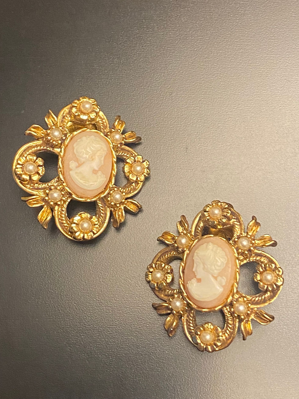 Thumbnail: 1950s Vintage Cameo and Pearl Clip on Earrings