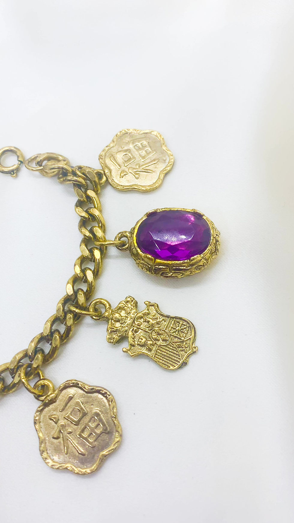 Thumbnail: 1980s Multicolored Gem Stone and Chinese Charm Bracelet