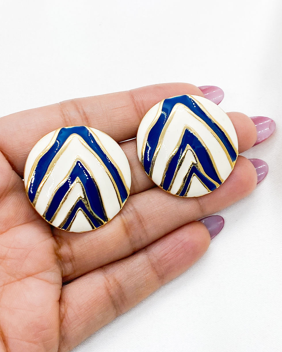 Thumbnail: 1980s Retro White and Navy Blue Enamelled Earrings (Pierced Back)