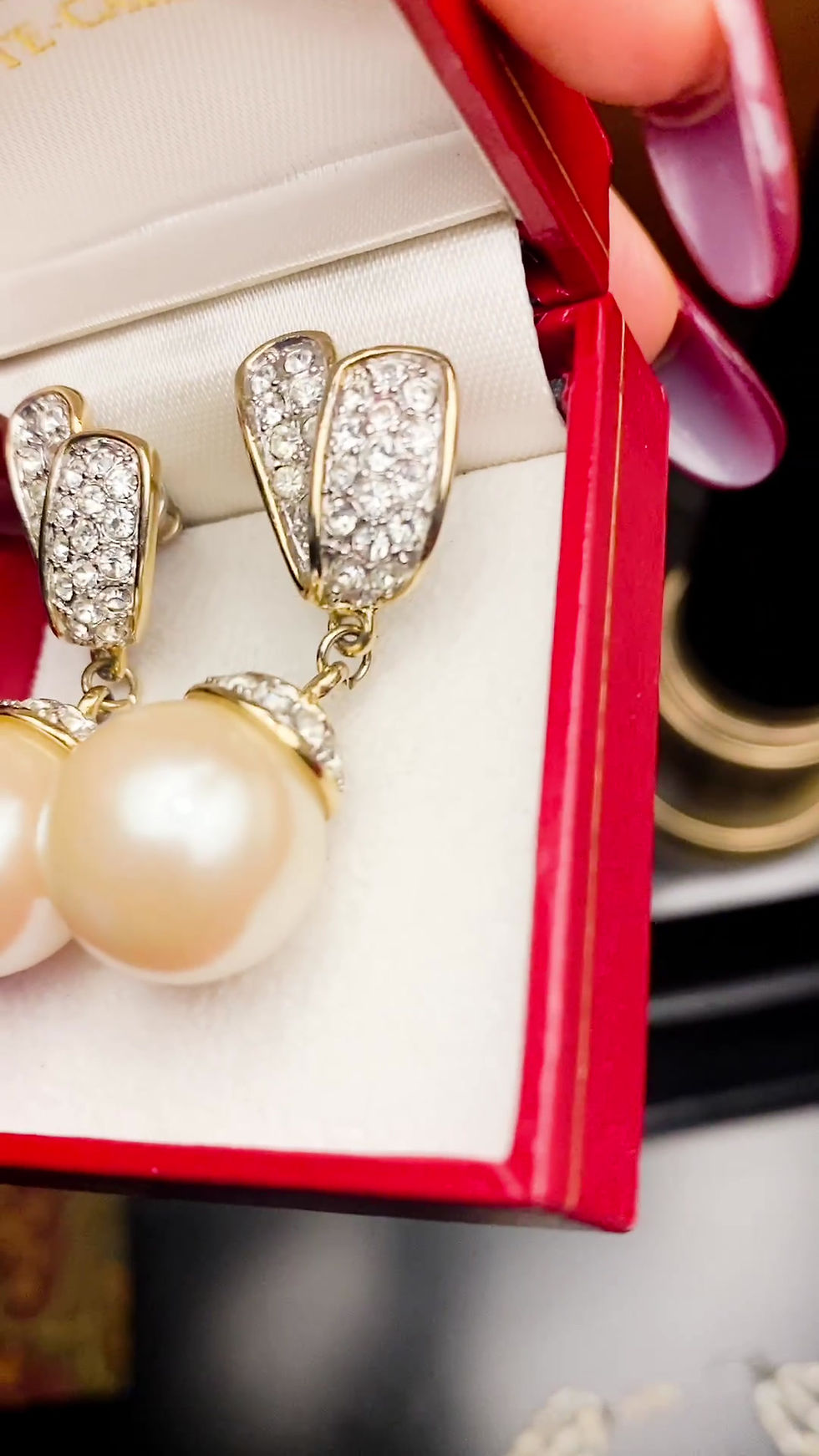 Thumbnail: 1980s Imitation and Diamanté  Pearl Drop Dainty Earrings (Piercing)