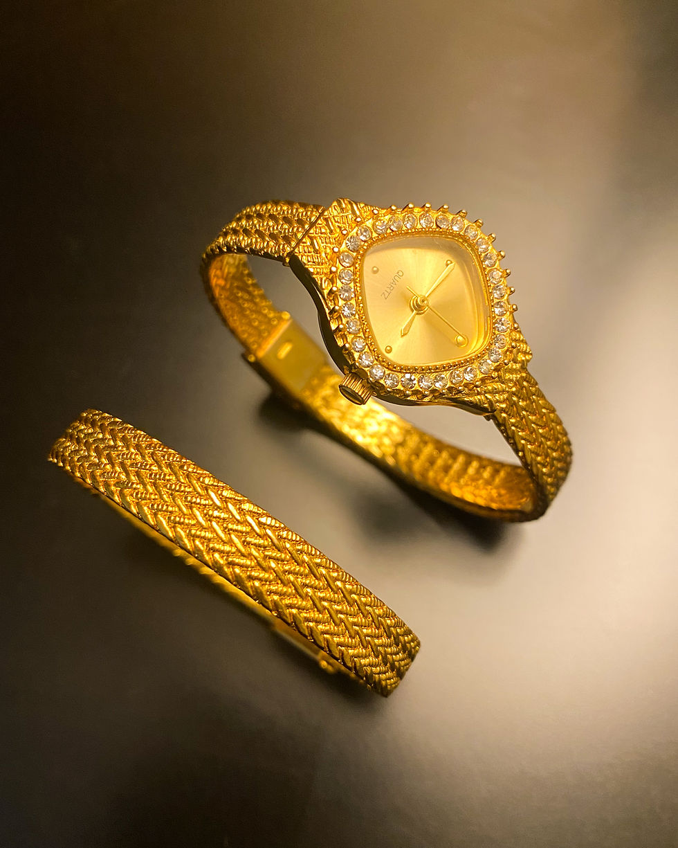 Thumbnail: 1980s Vintage Stunning Golden Wrist Watch and Bracelet Duo