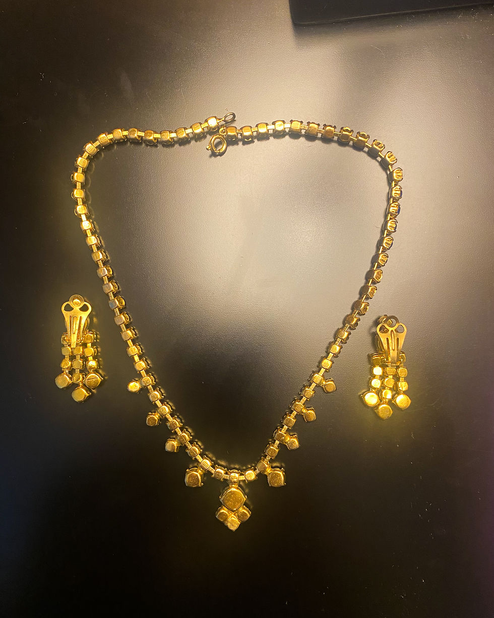 Thumbnail: 1940s Chrome Blue Rhinestones Necklace and Earrings Set