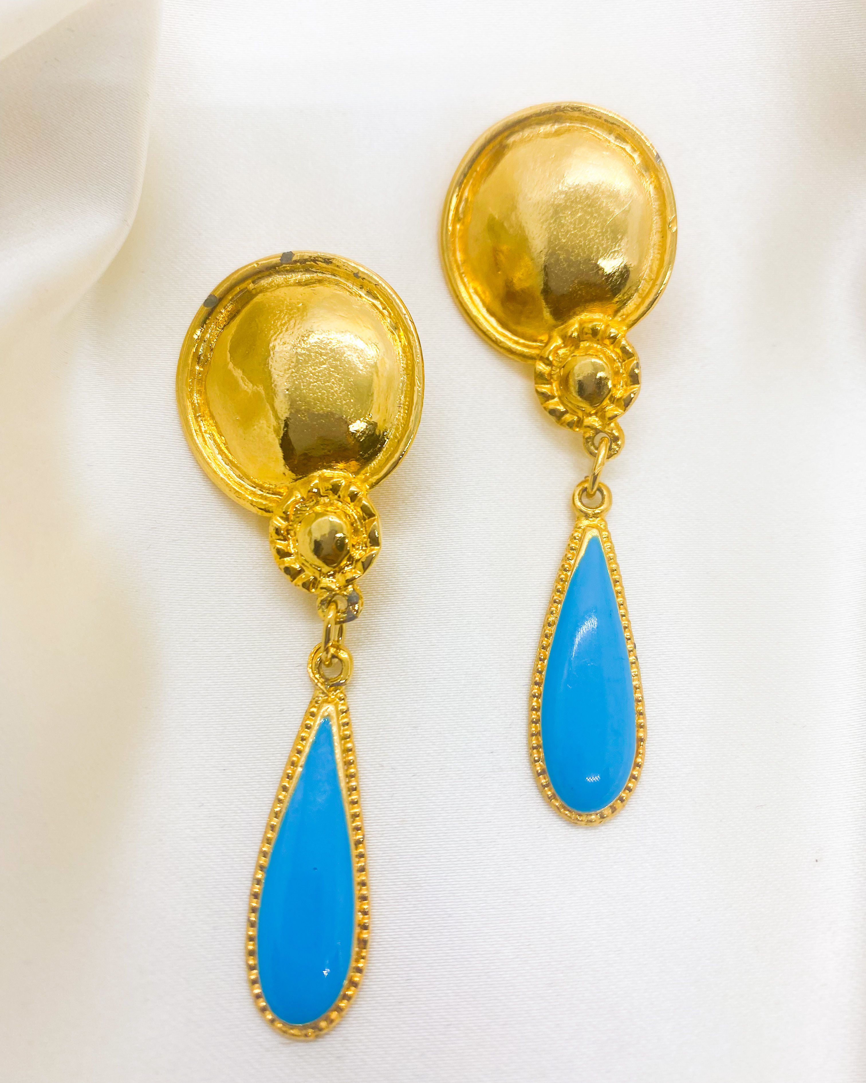 1980s  Gold and Turquoise Blue Dangling Clip On (AVAILABLE ONLY IN MUMBAI STORE)