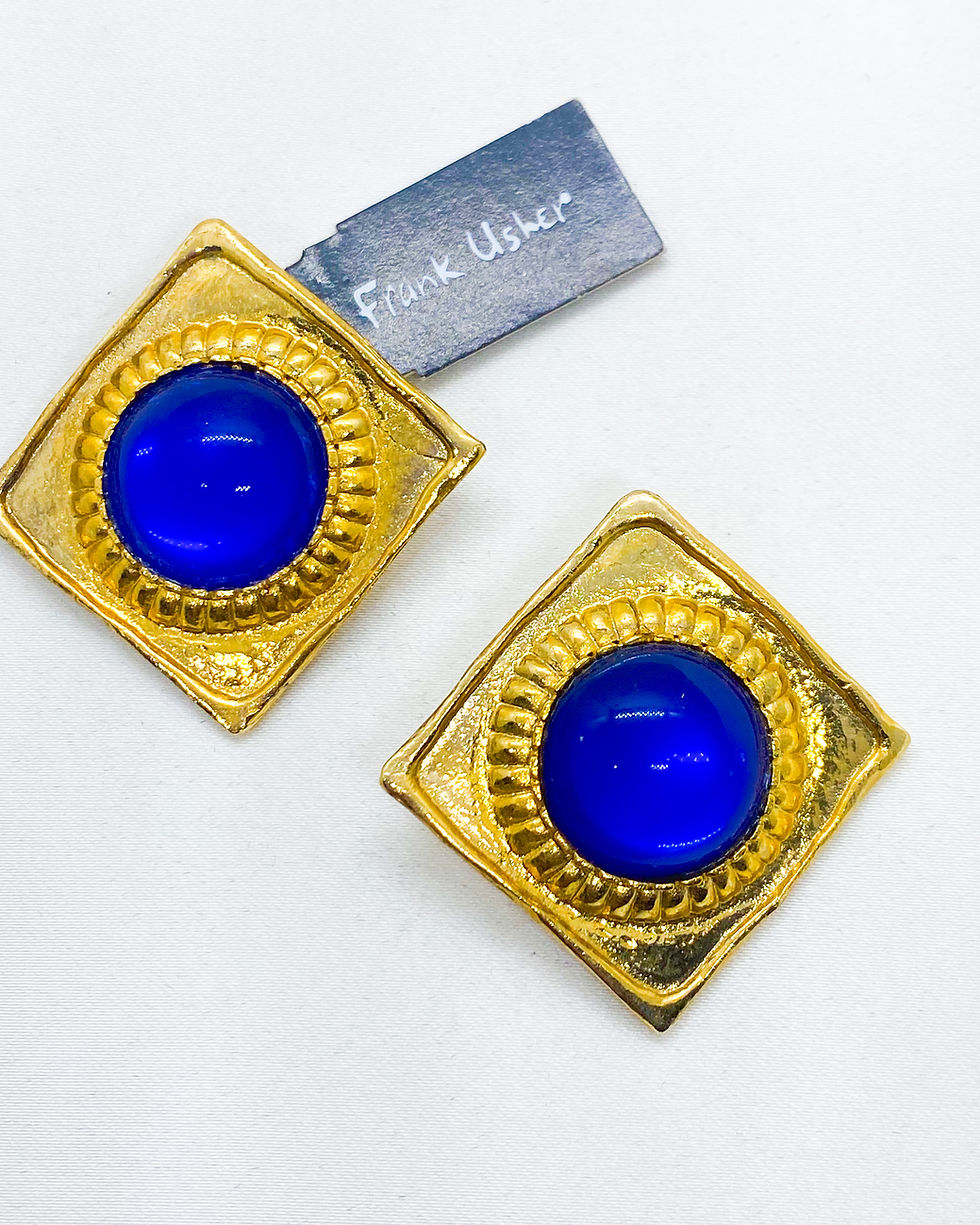 Thumbnail: 1980s FRANK USHER Vintage Gold Chrome Blue Stone Clip On