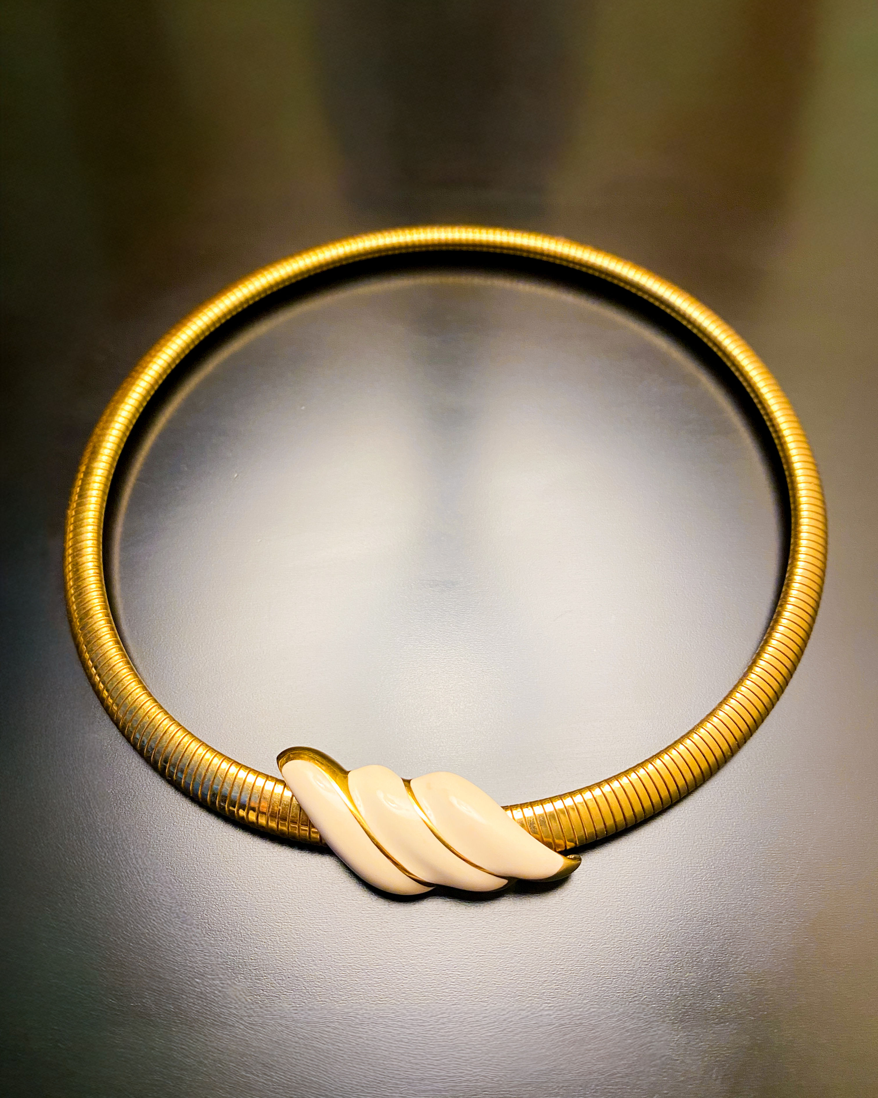 1980s Monet Tubular Gold Necklace with Ivory Enamel Clasp — Supermodel Era