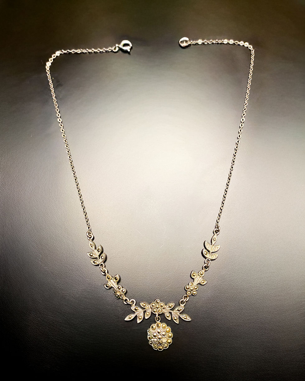 Thumbnail: 1980s Silver & Marcasite Botanical  Motif Art Nouveau Necklace
