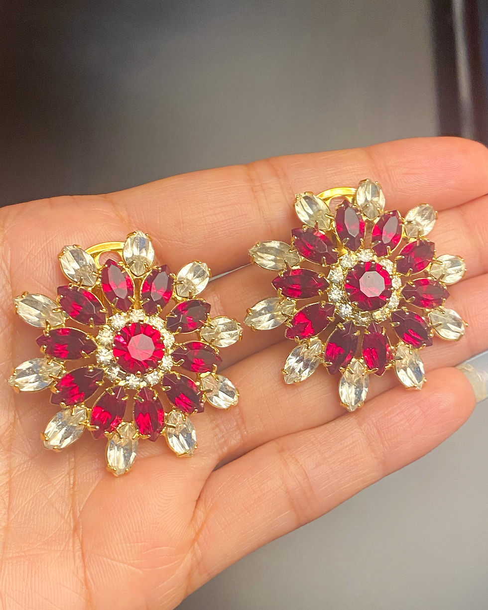 Thumbnail: 1980s Renaissance Revival Large Ruby Crystal Clip On Earrings