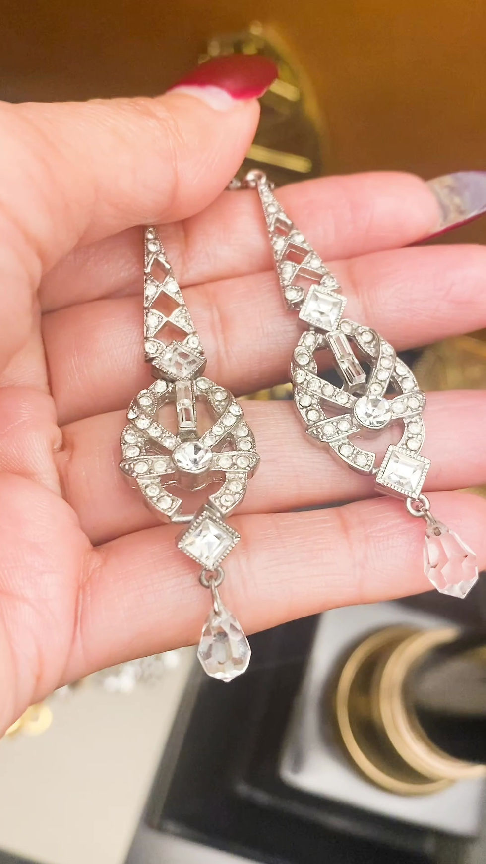 Thumbnail: 1920s Exquisite Art Deco Dangling Earrings - Rhodium-Plated with Sparkling Paste