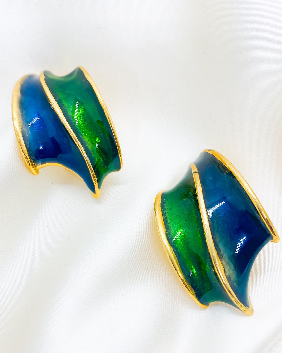 Thumbnail: 1980s Retro Midnight Blue and Emerald Enamelled Clip On