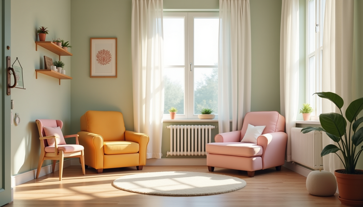 Eye-level view of a cozy therapy room with child-friendly furniture and calming colors