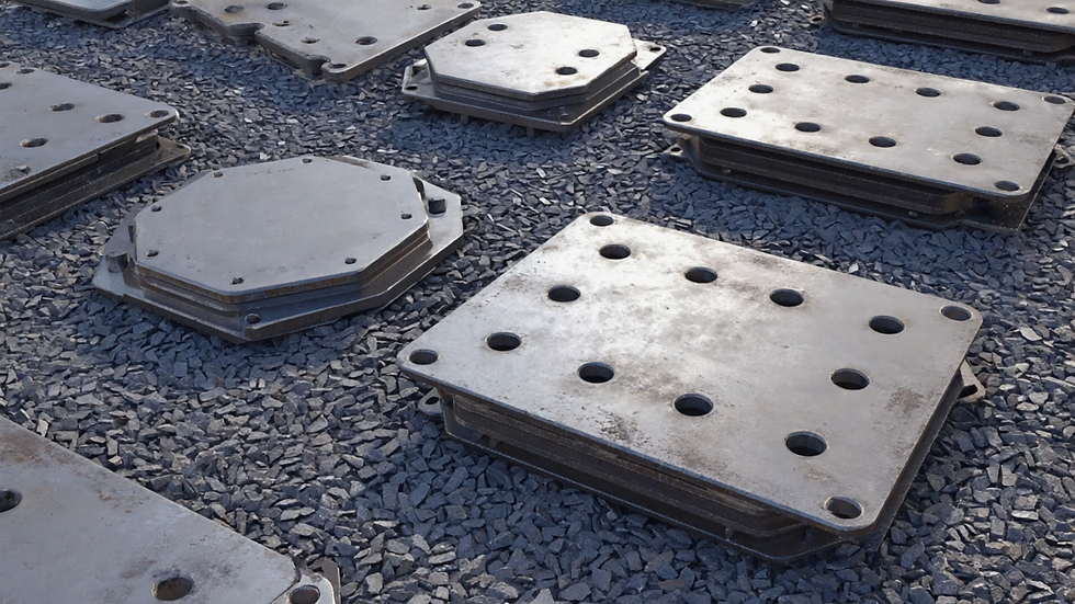 A realistic image of heavy-duty crane base plates (planchones) made of thick reinforced st