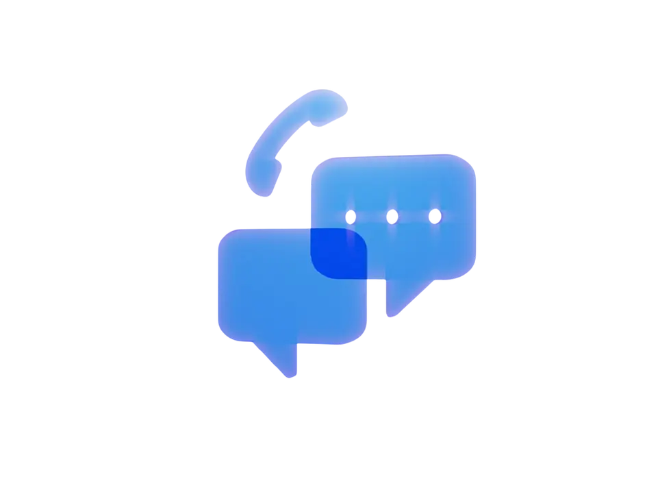Digital icon design featuring a blue phone handset paired with speech bubbles. It represents contact or communication services with a sleek, modern aesthetic.