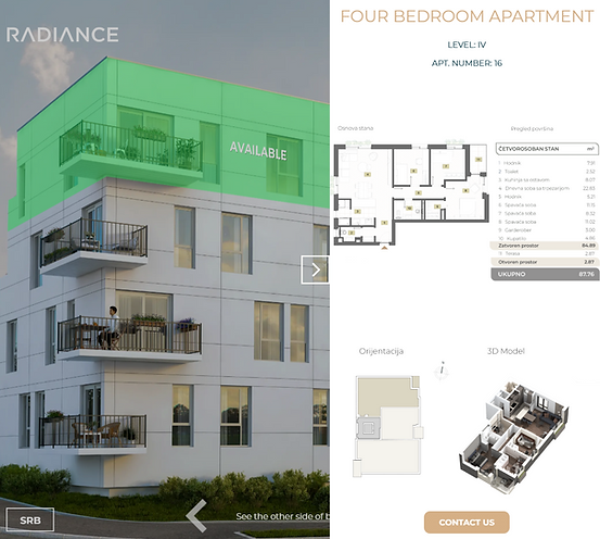 3D real estate showroom with sales navigator showing apartment availability and unit details, floor plan, size, orientation