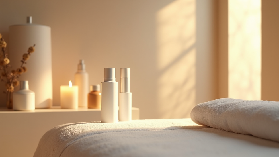 Eye-level view of a tranquil spa room with soft lighting and skincare products