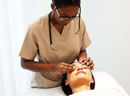 aesthetic clinic patient on the bed getting a facial by a black nurse with a beige uniform