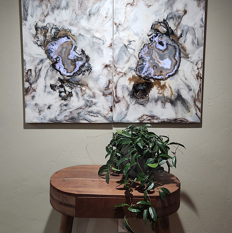 Lotus Pond #67– 16x20 birch panel resin artwork featuring a 4"x6" backlit Idaho Moss Agate slab,