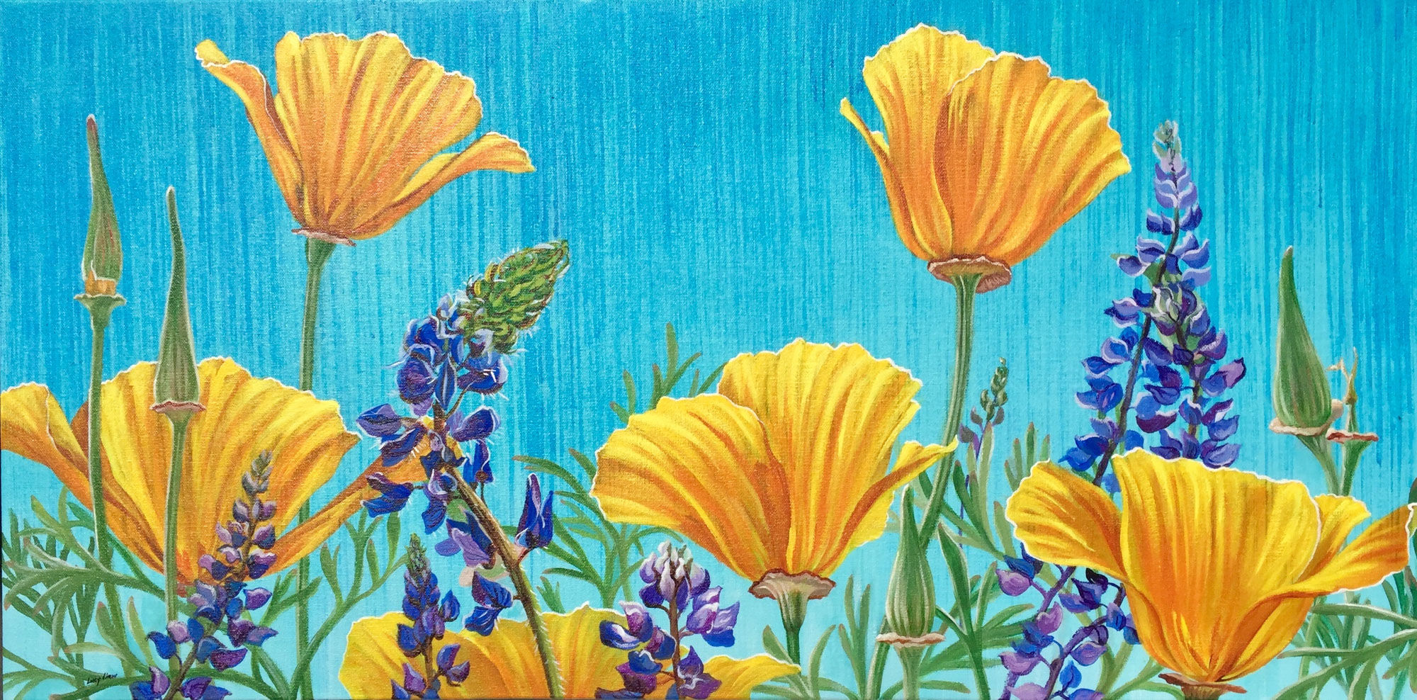 Giclée canvas print depicting California poppies and lupine