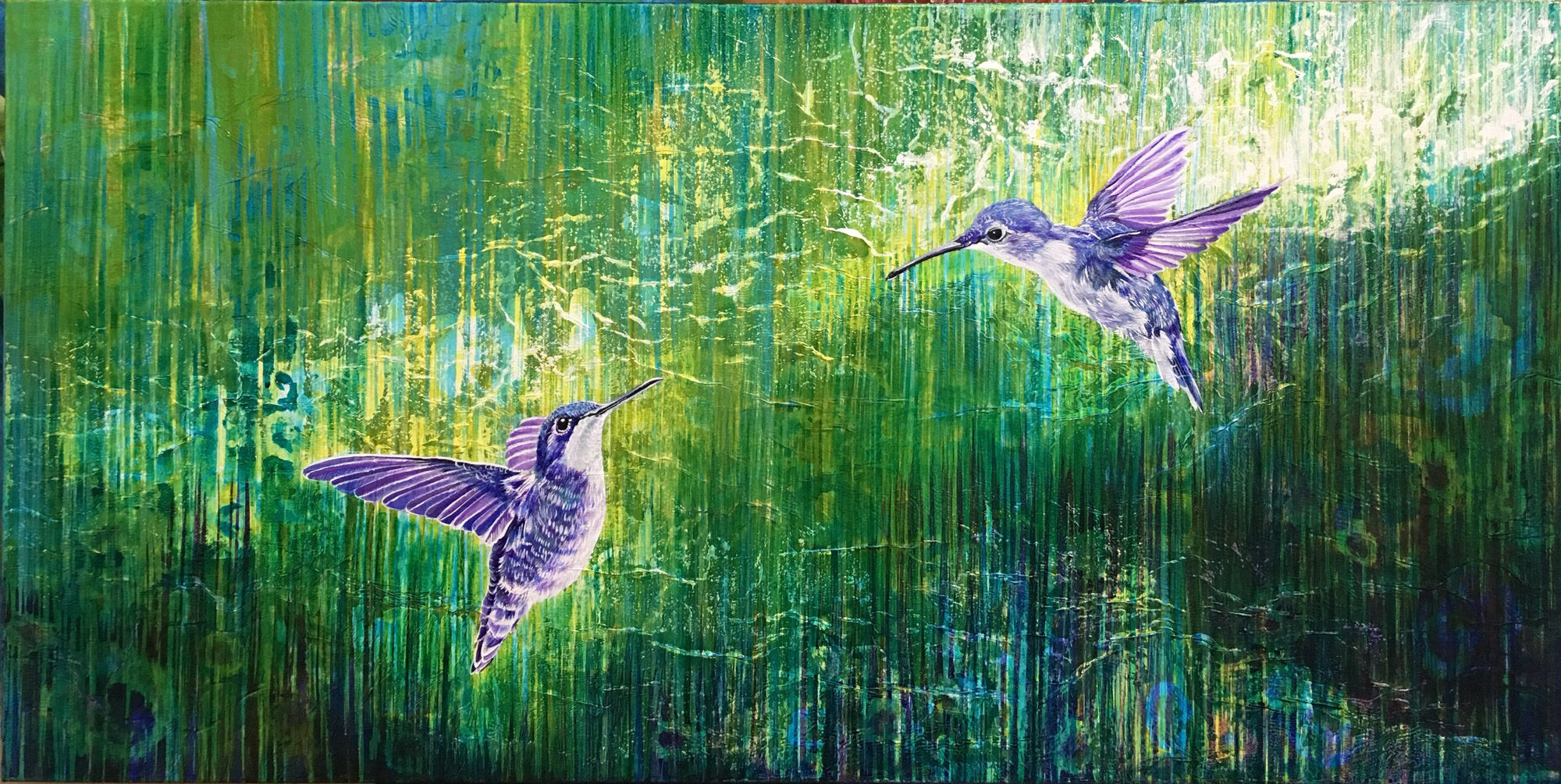 Giclée canvas print depicting two blue hummingbirds in flight above a textured background