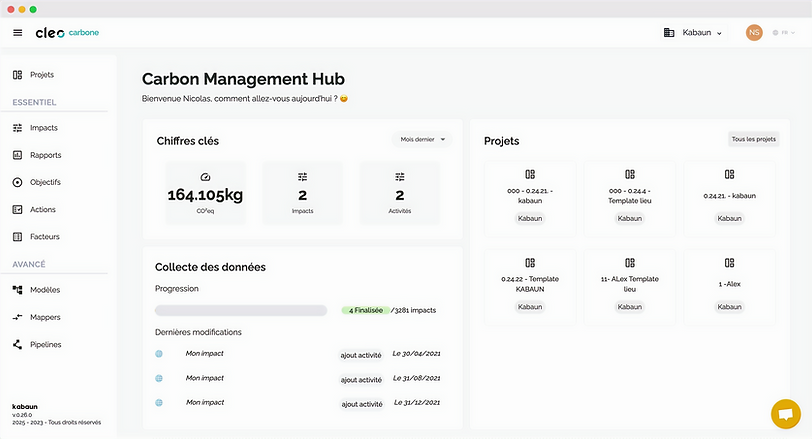 Screenshot de page d'accueil principal de la plateforme Cleo Carbone