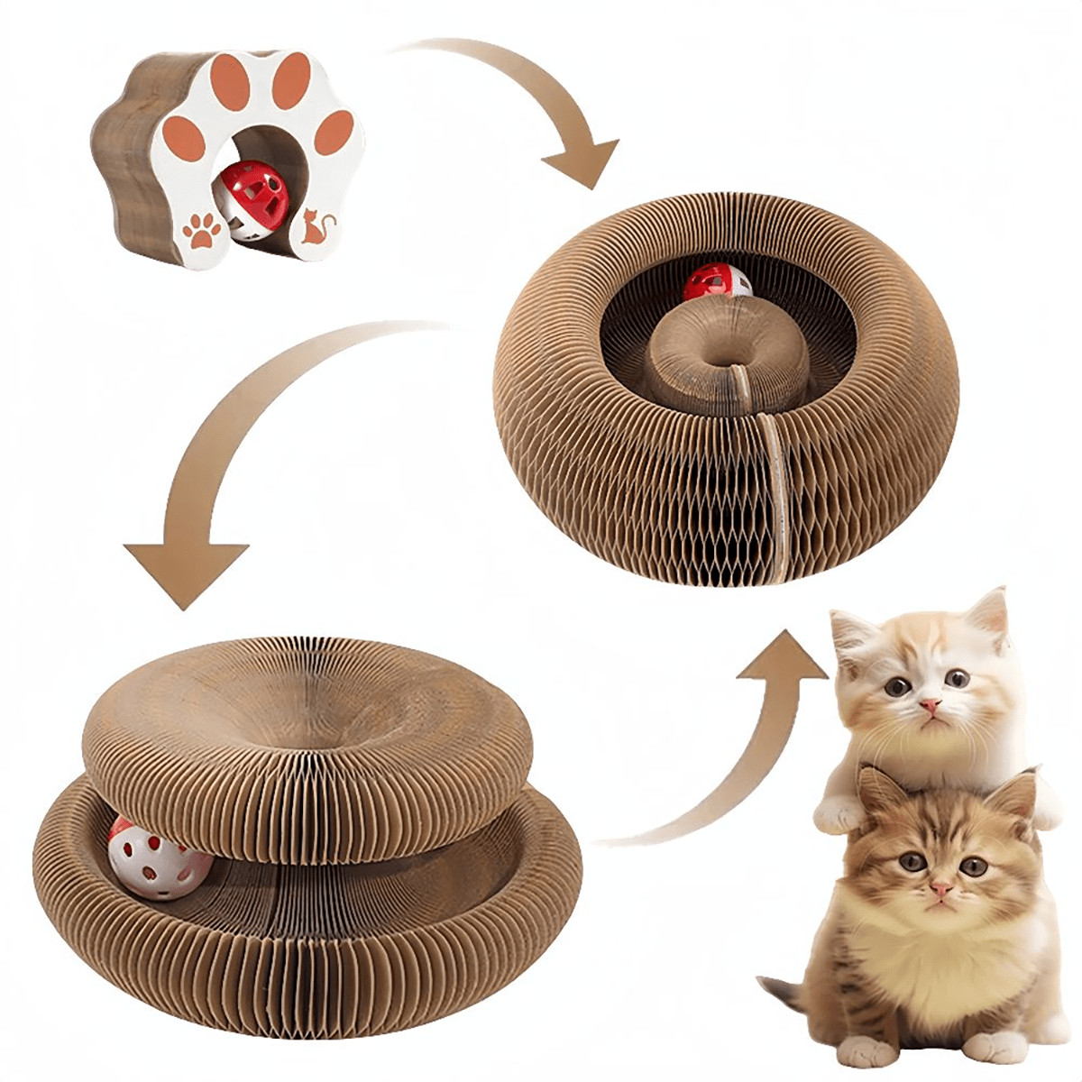 Foldable Cat Scratcher with Bell & Catnip - Multi-Level Cardboard Toy for Kitten