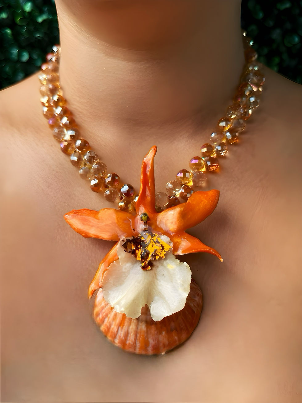 Solenne – Handmade Necklace with Hand-Painted Orange Orchid on Natural Orange Sh