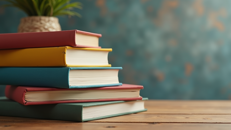 Eye-level view of a stack of colorful books on a wooden table