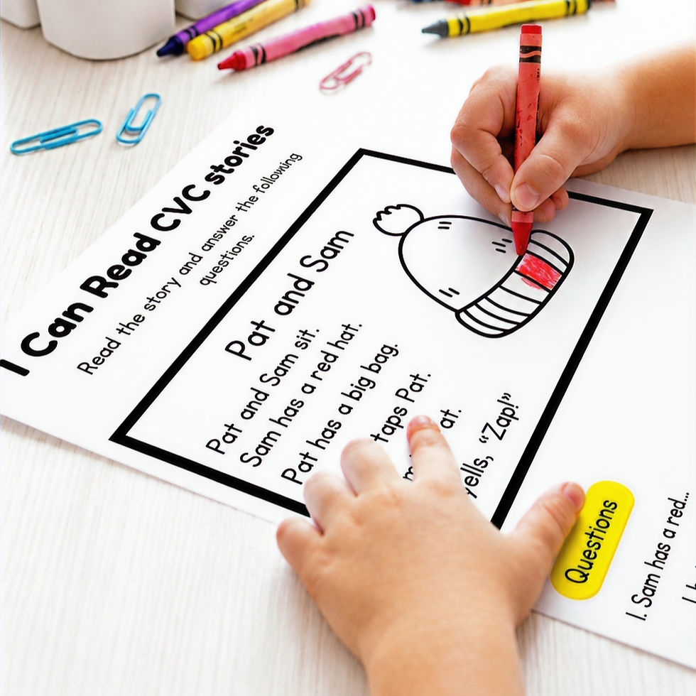 Child colouring an I Can Read CVC Stories worksheet with crayons while practising phonics and reading skills.