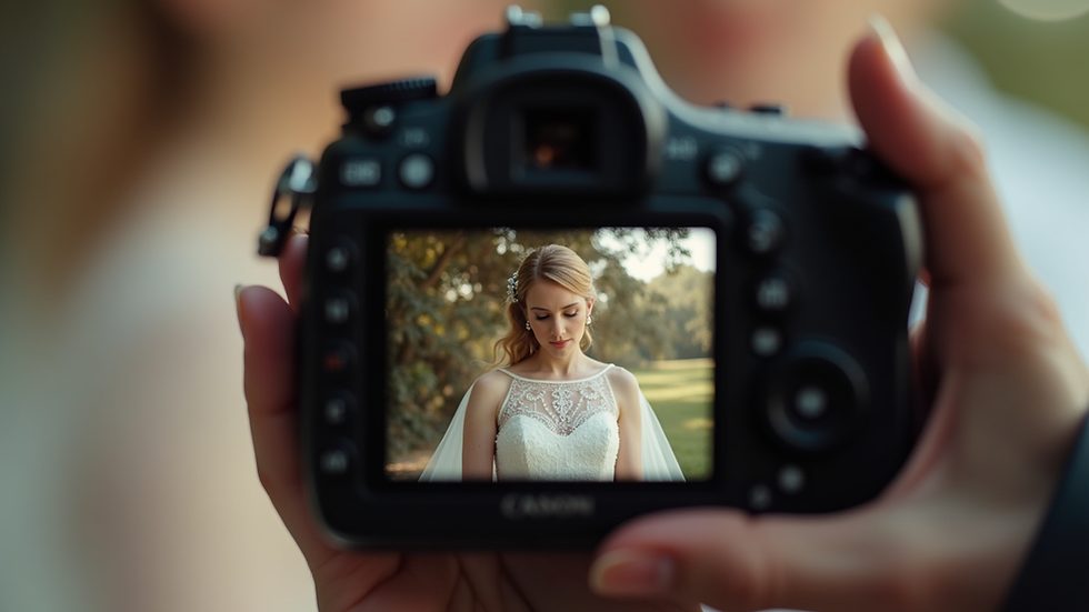 Close-up view of a wedding photographer’s camera capturing intricate wedding details