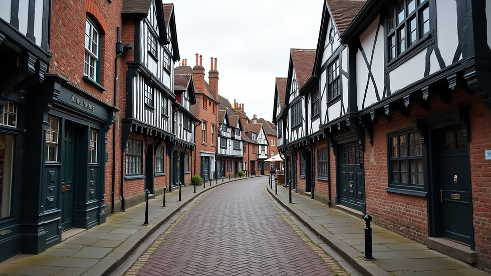 Wide angle view of cobbled street with timber-framed buildings in Chester