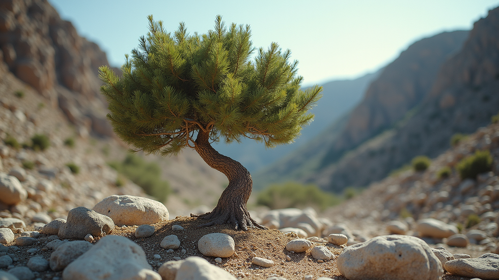 Eye-level view of a resilient tree growing through a rocky landscape