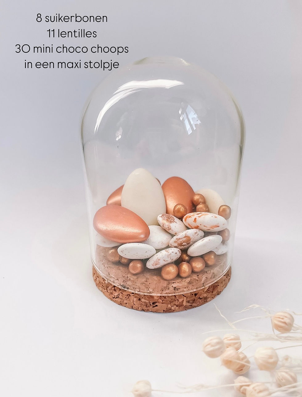 Maxi glazen stolpje met kurk gevuld met suikerbonen