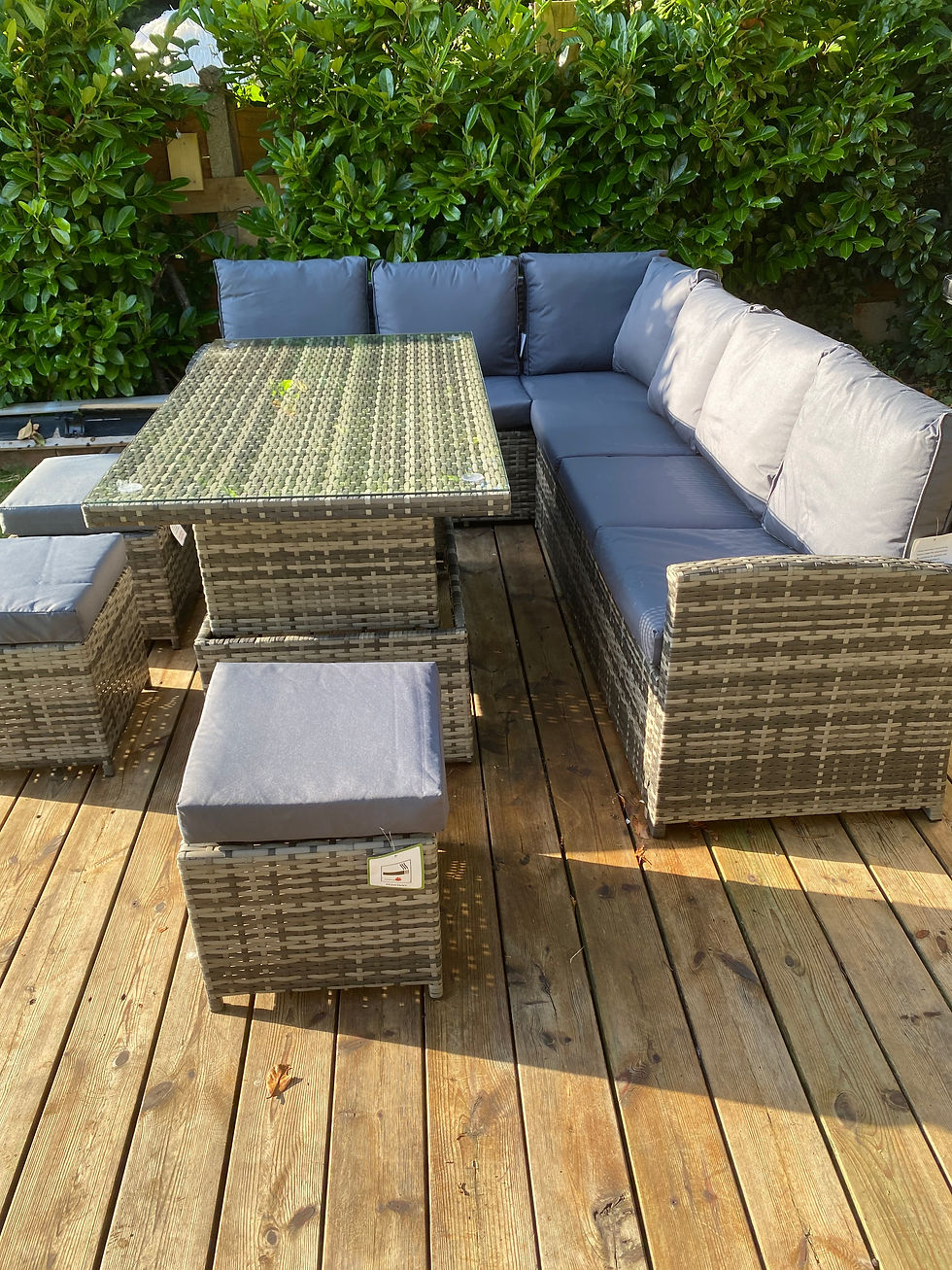 Thumbnail: Grey Rattan Furniture Corner Sofa Dinning Set Rising Table 3 x Stool