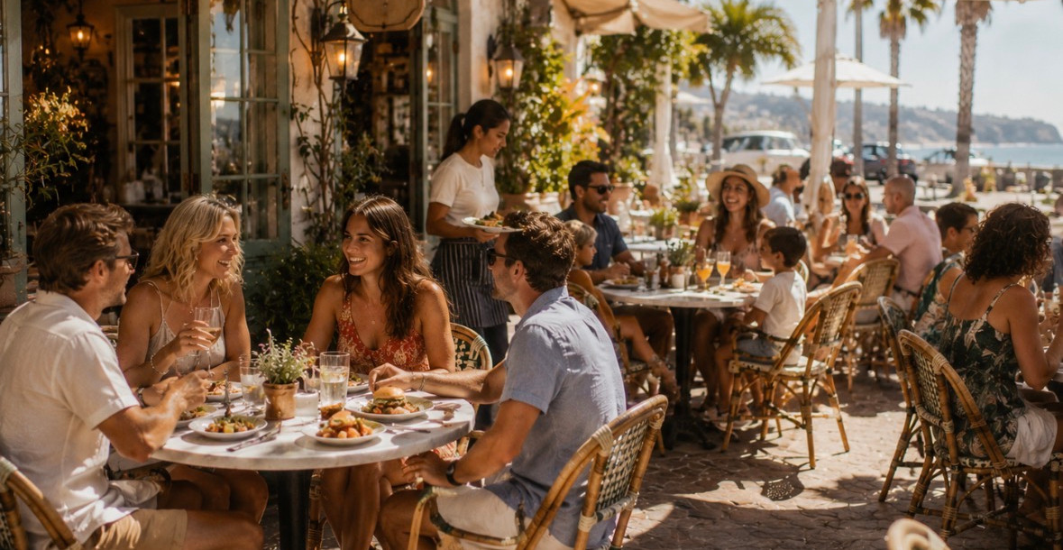 Guests enjoying breakfast on the outdoor patio of a bright, welcoming café, illustrating how intentional restaurant guest experience, hospitality, and atmosphere create memorable dining experiences.
