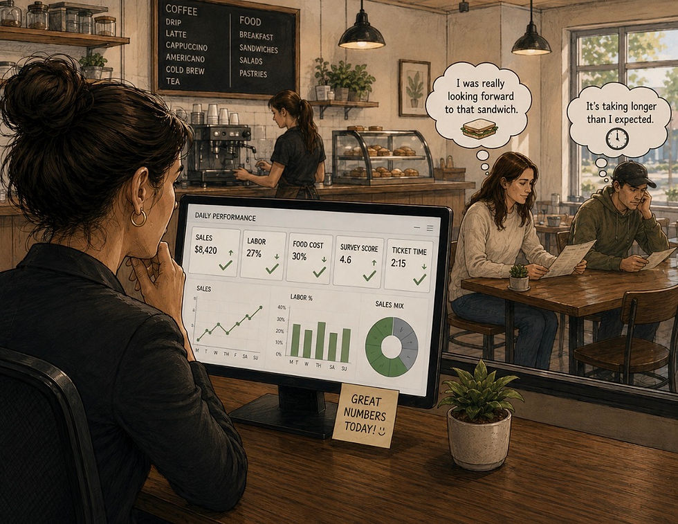 Illustrated restaurant manager reviewing positive performance metrics while two guests wait with disappointed expressions, highlighting the difference between strong numbers and the guest experience.