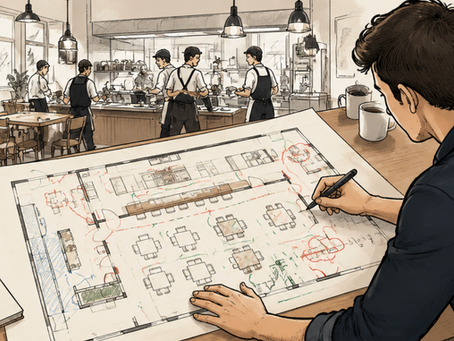 Illustration of a restaurant leader reviewing and marking up a restaurant floor plan while employees work together in the background. The image represents improving restaurant systems and designing better operations rather than managing day-to-day tasks.