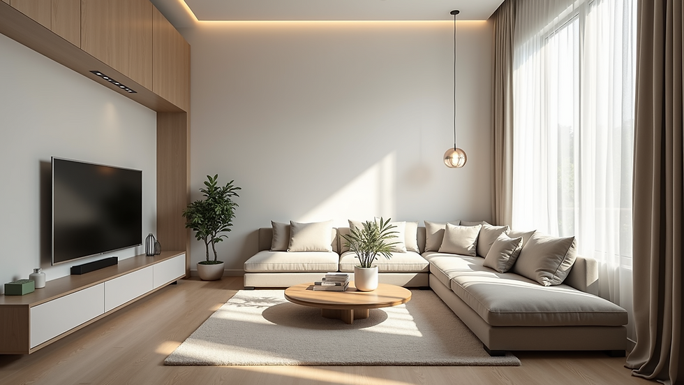 High angle view of a modern minimalist 1BHK living room