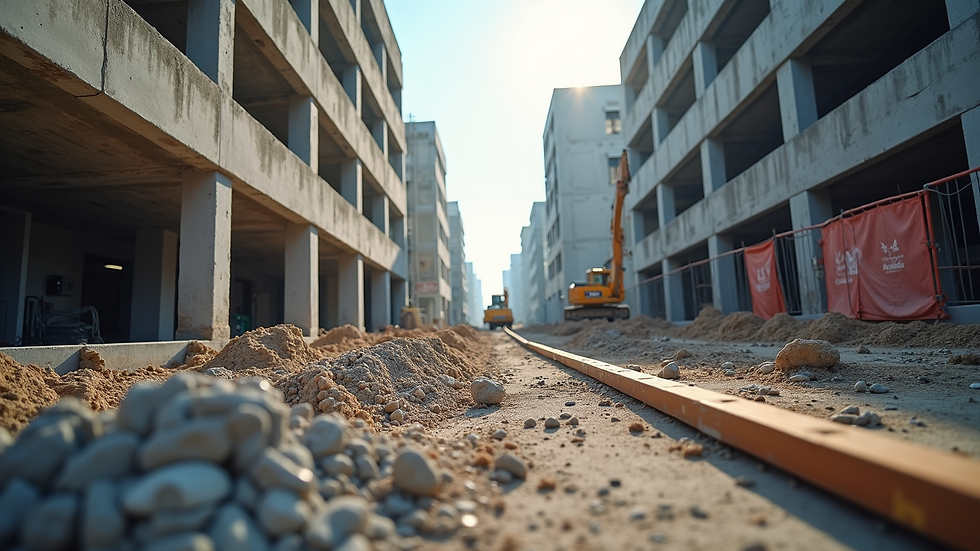 Eye-level view of a building site with ongoing construction activities