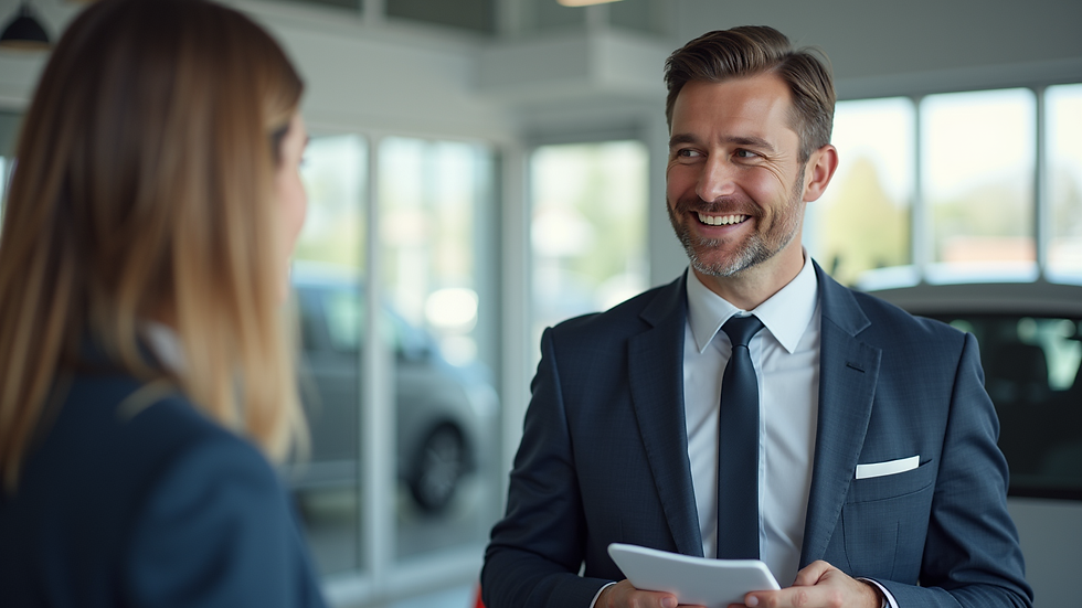 High angle view of a salesperson confidently discussing pricing with a customer in a dealership showroom