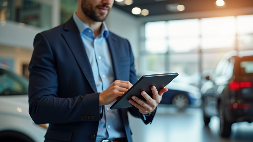 Eye-level view of a salesperson reviewing a structured sales process on a tablet