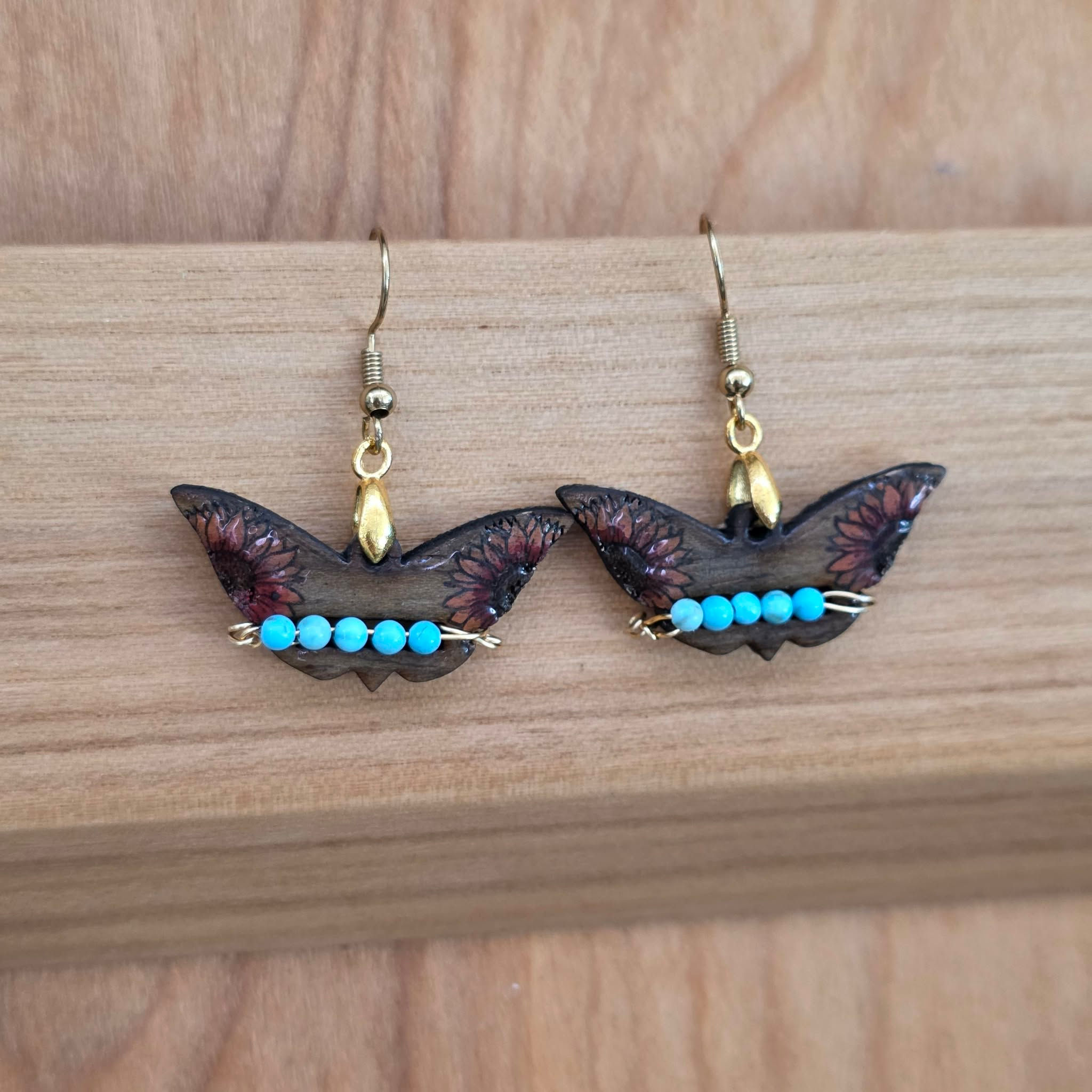 Blue Magnesite Sunflower Butterflies on Black Walnut