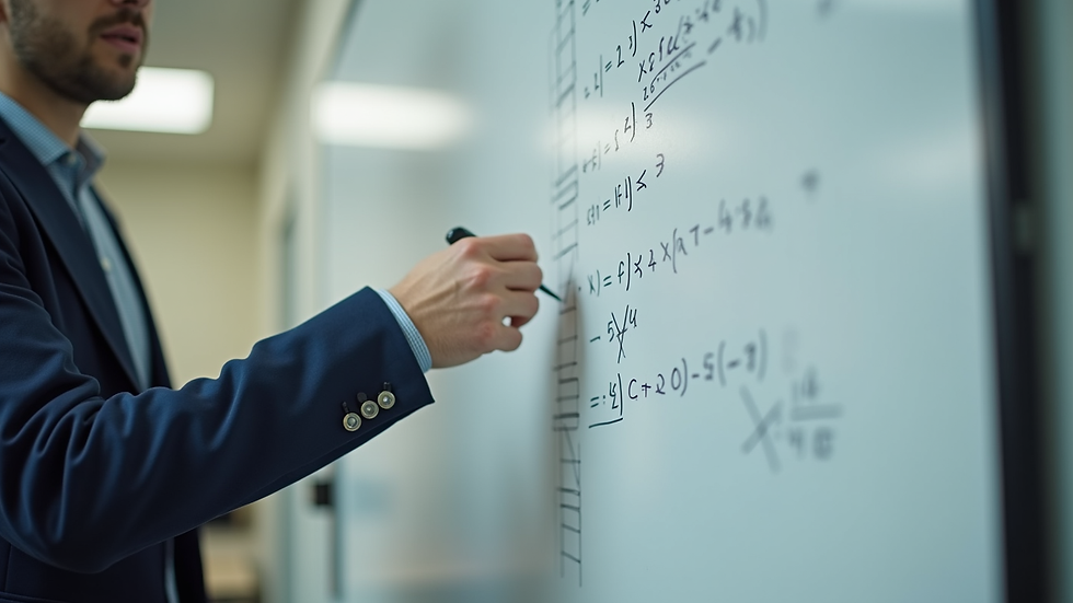 Close-up view of a teacher explaining a maths problem on a whiteboard