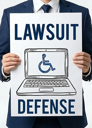 A man in a suit holding a sign that says "Lawsuit Defense"