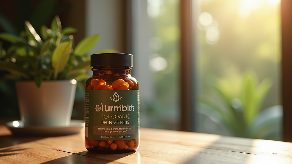Close-up view of a bottle of VitalBloom Supplements on a wooden table