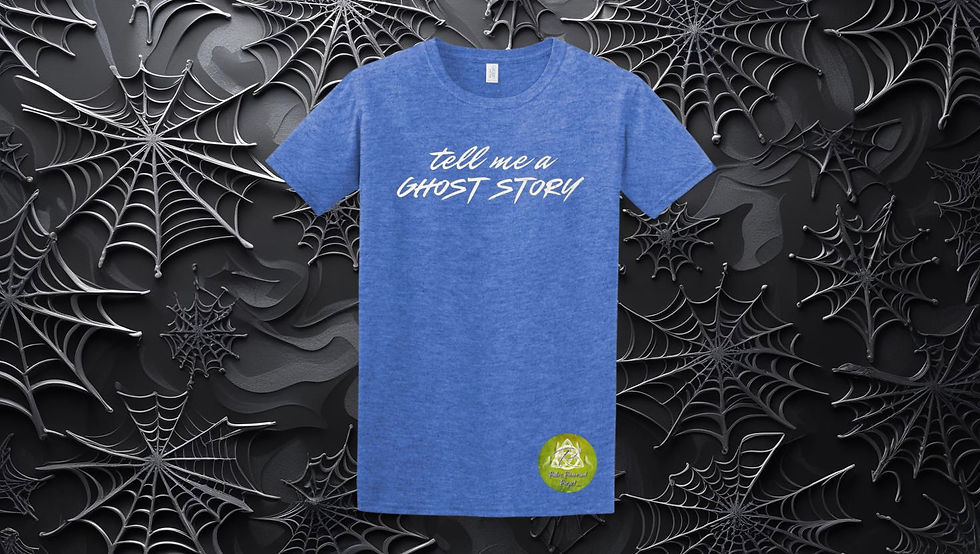 Thumbnail: T-shirt with the text "Tell Me A Ghost Story" in white script font, in Heather Blue