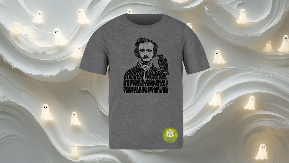 Heather Charcoal T Shirt featuring Edgar Allan Poe made of text from his famous works.