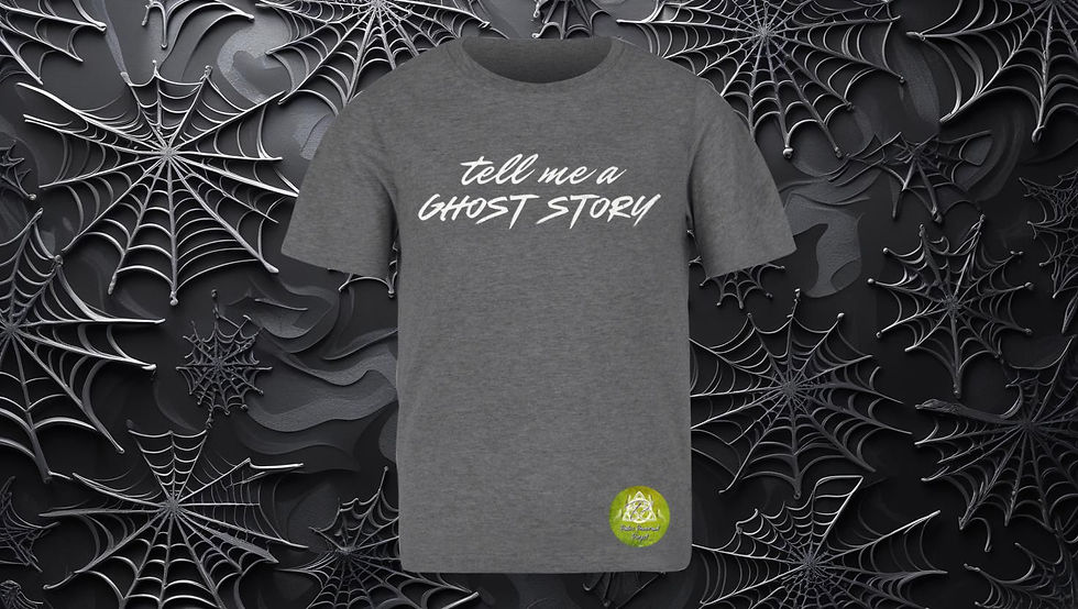 Thumbnail: T-shirt with the text "Tell Me A Ghost Story" in white script font, in Heather Charcoal