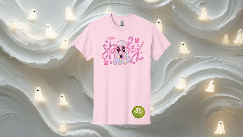 The word "Spooky" in glowing neon pink letters and a holographic ghost design in the center, surrounded by bats & Ribbons