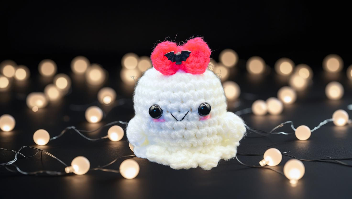 Gigi Pink Bow with Bat decoration. Hand Crocheted Ghost.