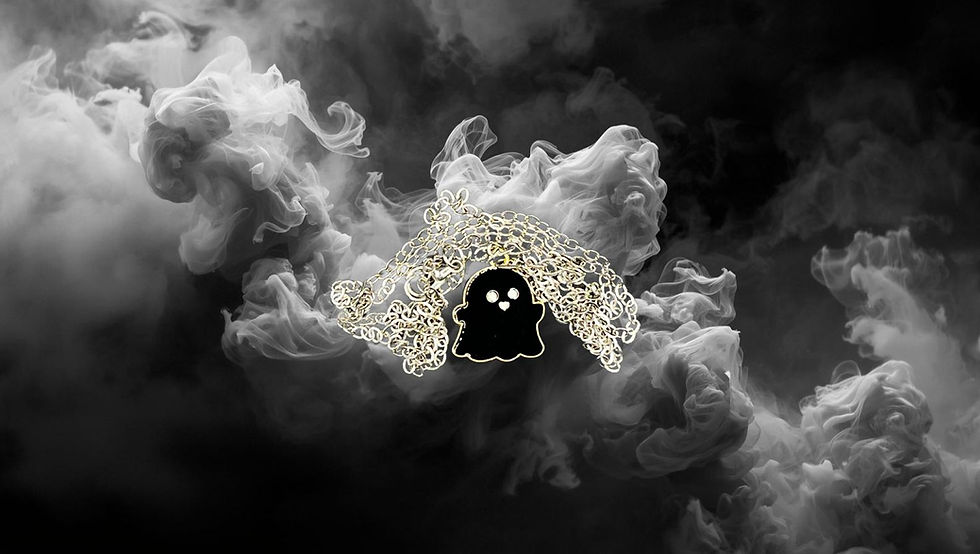 Shadow Figure Ghost charm necklace on chain necklace.